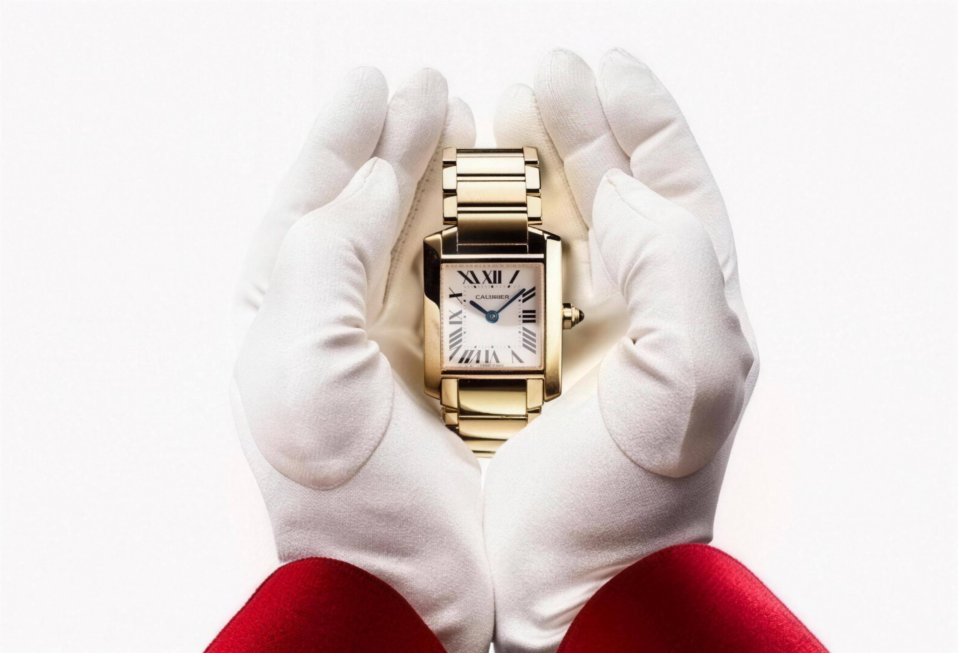 Montre Cartier entre les mains gantées d'un horloger